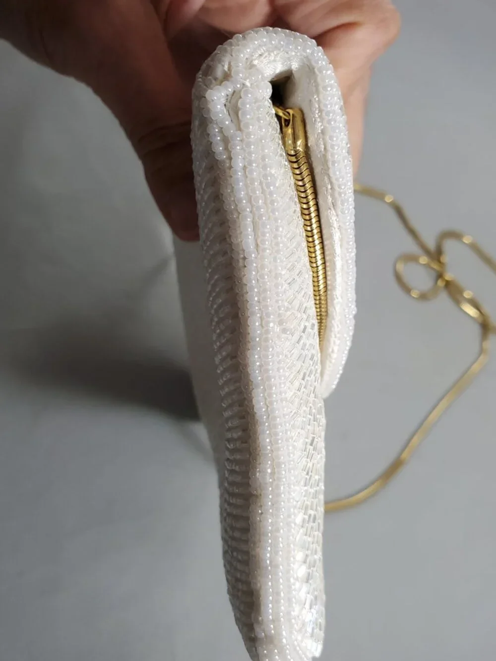 Vintage White Beaded Evening Bag Clutch Snake Chain Strap Rainbow Shimmer Beads